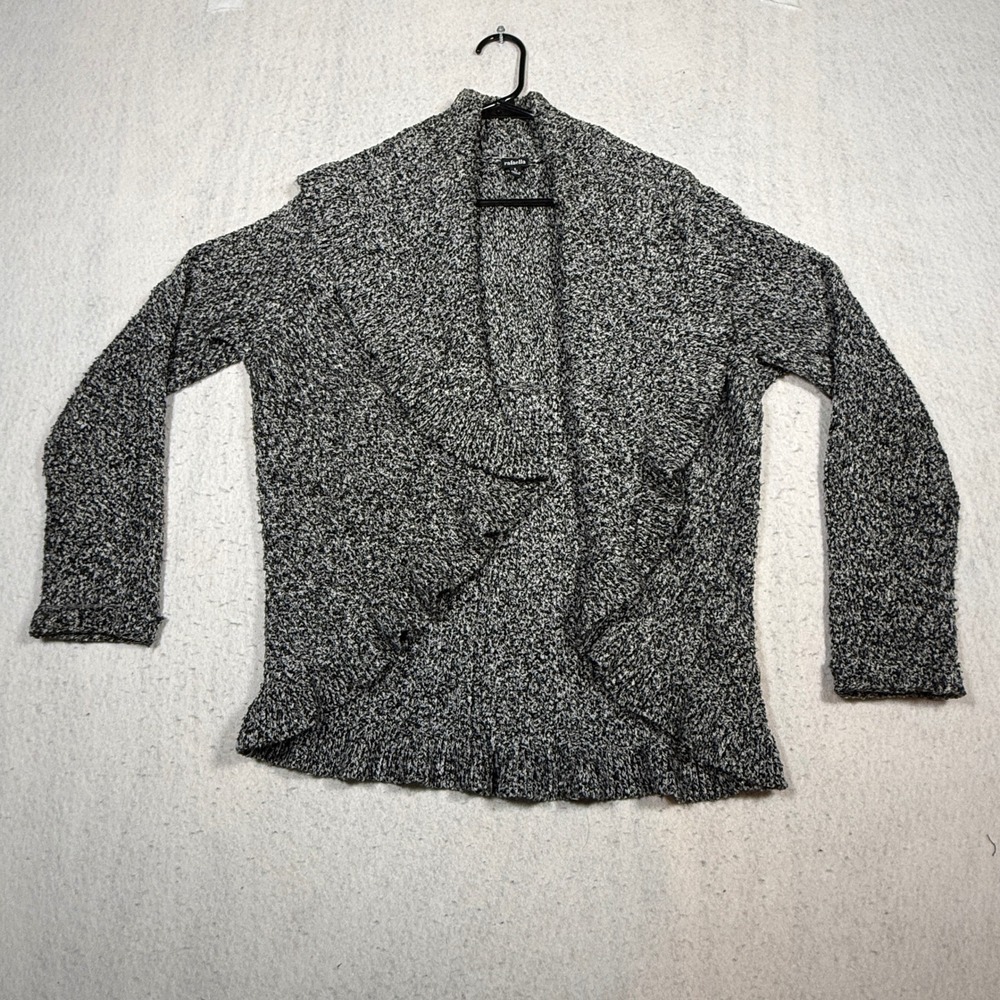 Rafaella Womens Large Black White Marled Ruffle Hem Open Front Cardigan Sweater